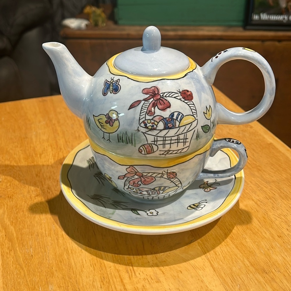 WestWood Eileen Rosenfeld Tea For One Hand Painted bunnies Porcelain